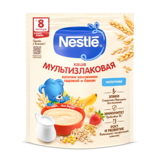 Nestlé® Молочная мультизлаковая каша с бананом и кусочками земляники садовой