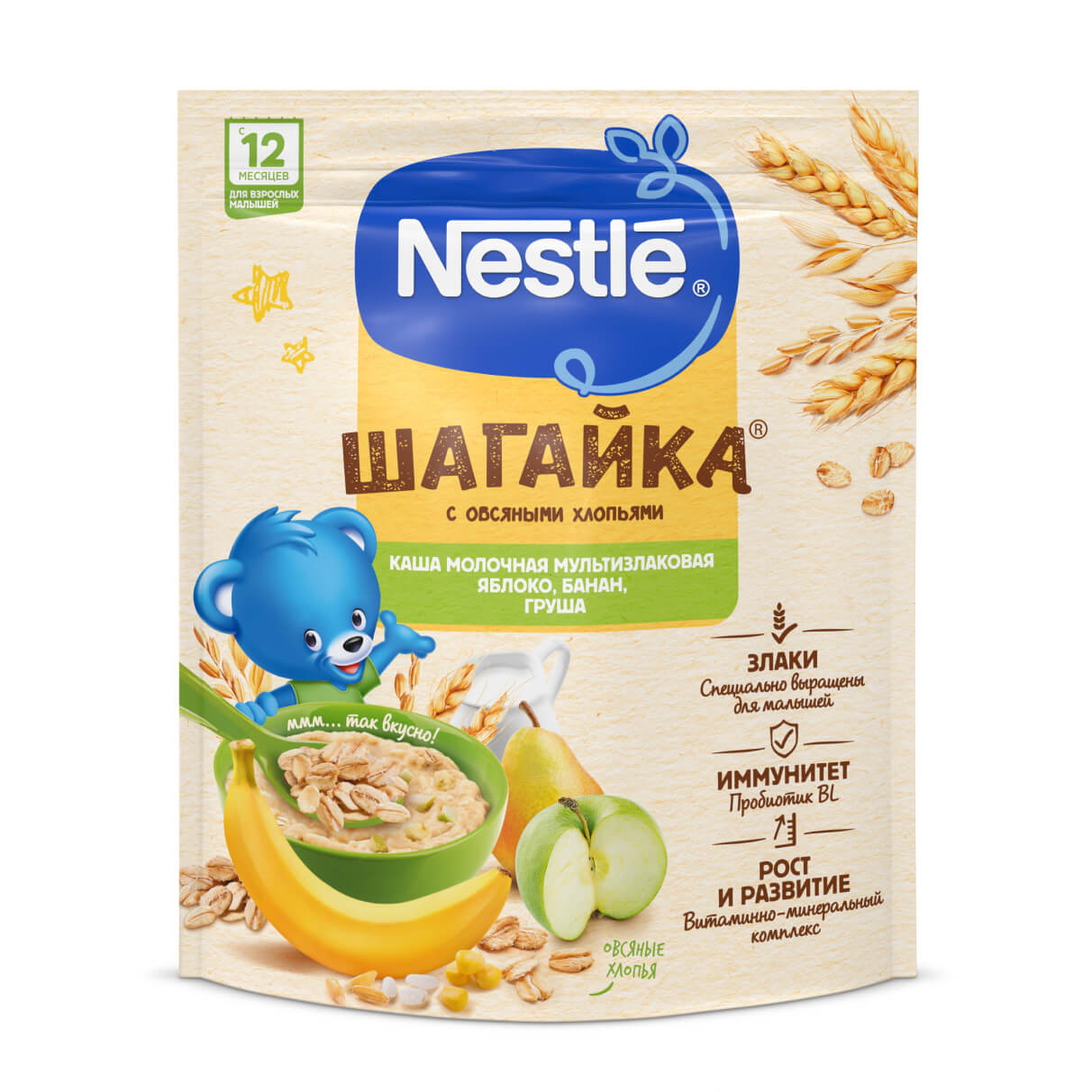 Каша мультизлаковая Nestle Шагайка Молочная с яблоком бананом грушей с 12 месяцев 190 г