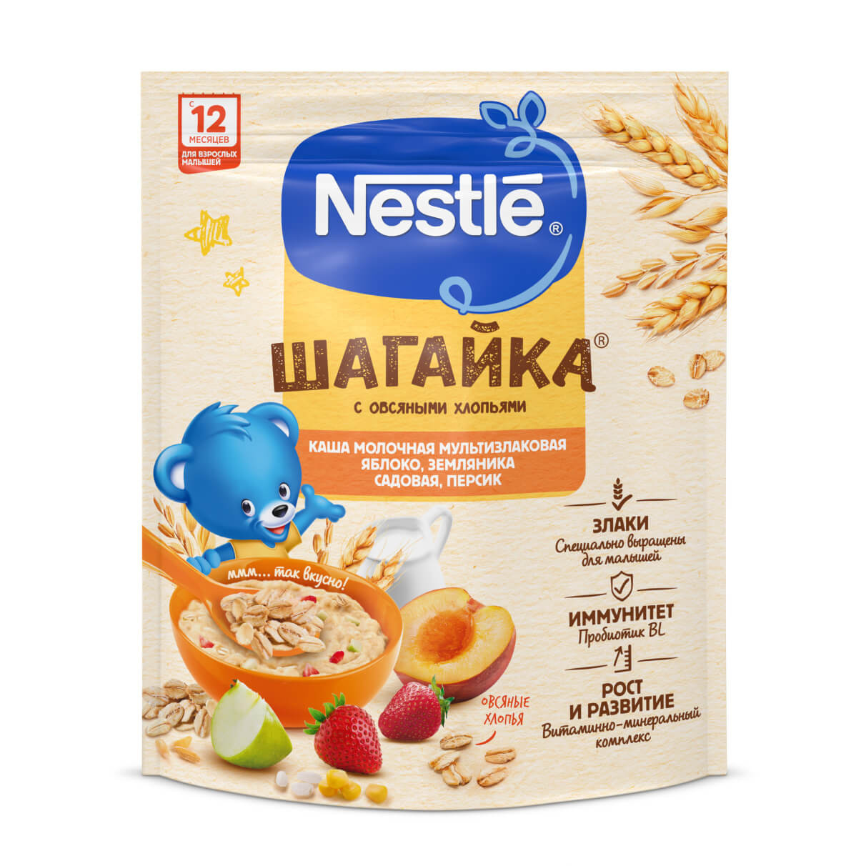 NESTLÉ® ШАГАЙКА® Каша молочная мультизлаковая яблоко, банан, груша, с 12  месяцев