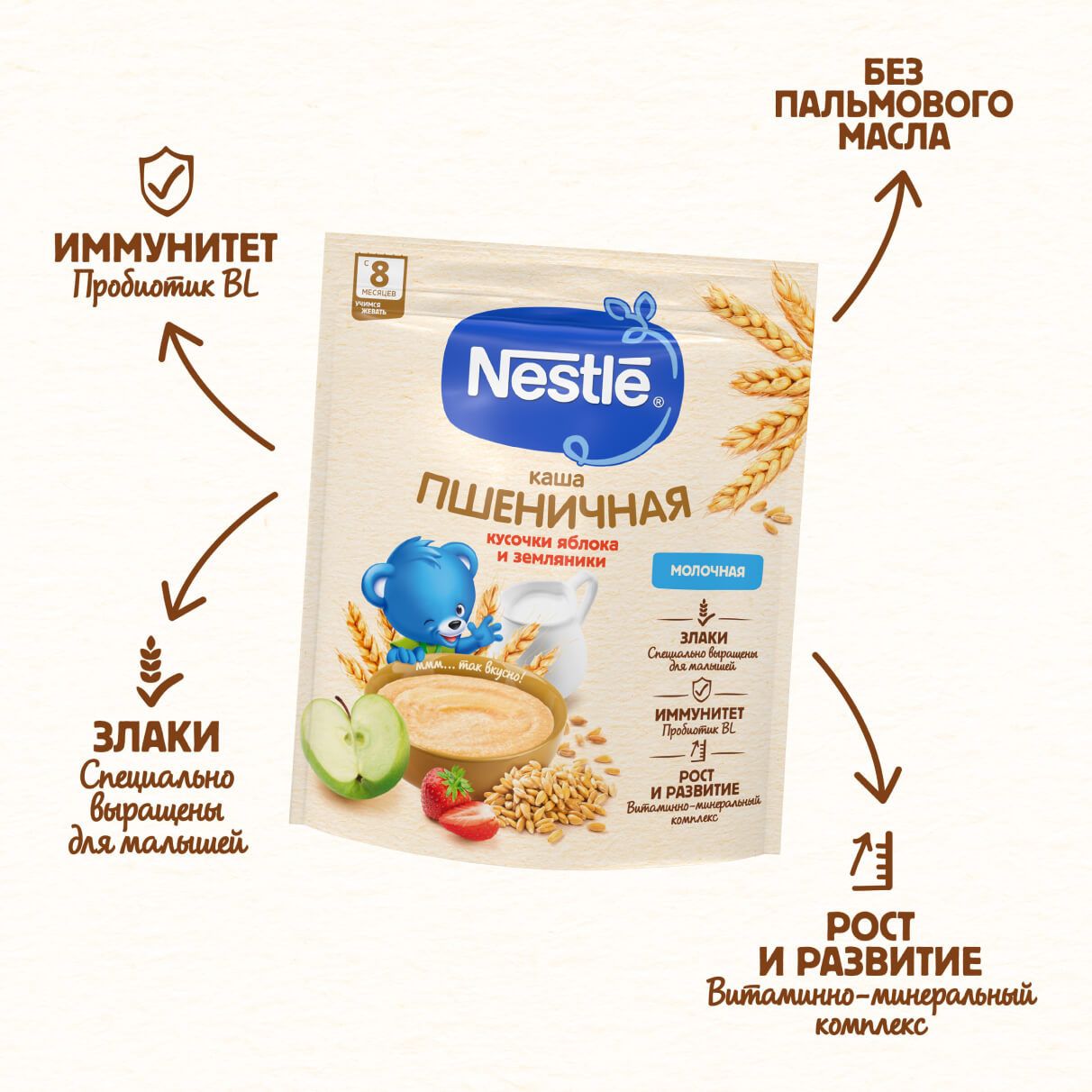 Nestlé® Молочная мультизлаковая каша с бананом и кусочками земляники  садовой, с 8 месяцев