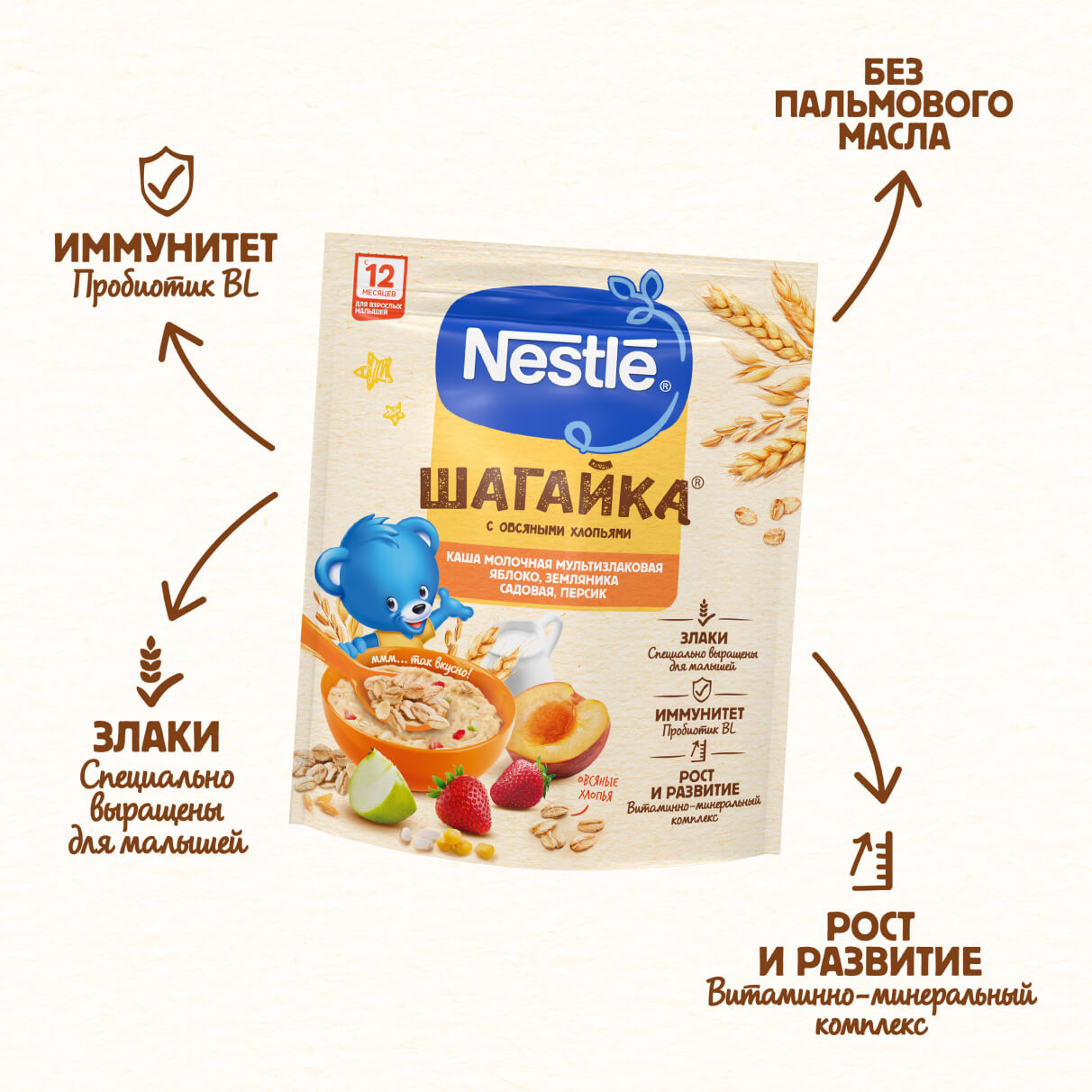 Каша мультизлаковая Nestle Шагайка Молочная с овсяными хлопьями яблоко земляника садовая персик с 12 месяцев 190 г