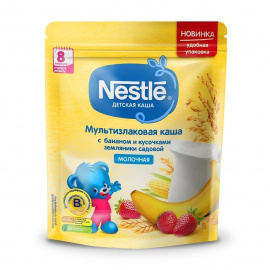 Nestlé Молочная мультизлаковая каша с бананом и кусочками земляники